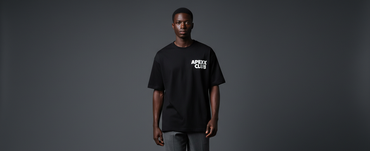 black male model with short hair wearing overized boxy black tshirt. no jewellry. left chest logo says 'APEXX CLUB'. walking towards the camera. dark grey background. full body shot